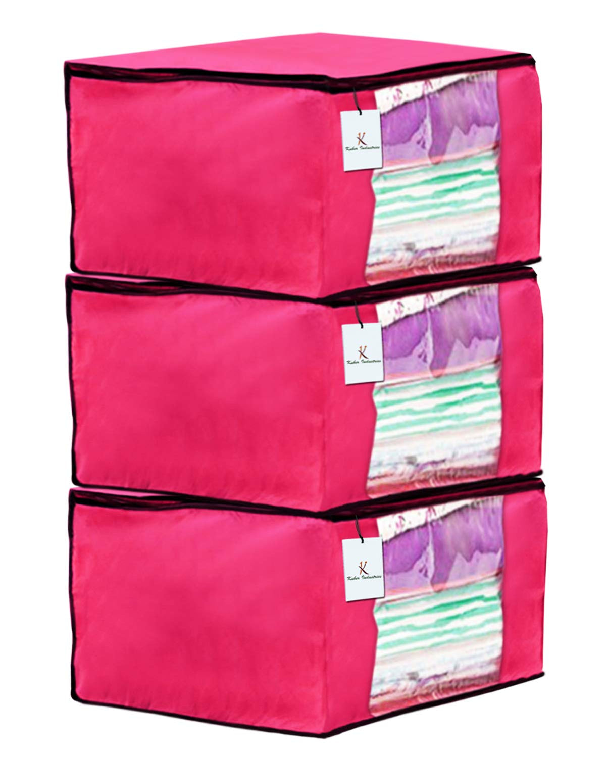 Kuber Industries 3 Piece Non Woven Fabric Saree Cover Set with Transparent Window, Extra Large, Pink-CTKTC23715