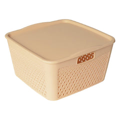 Heart Home Netted Design Unbreakable Multipurpose Square Shape Plastic Storage Baskets with lid Small, Medium, Large Pack of 3 (Beige)
