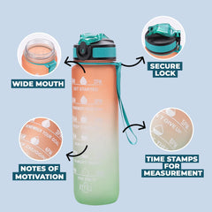 Homestic Motivational Water Bottle with Time Marker | Sipper Water Bottle for Kids & Adults with Straw | For Gym, Home, Office & School | Orange Green -1 L