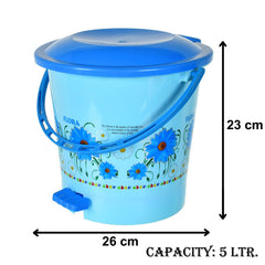 Heart Home Flower Printed Plastic Pedal Dustbin With Lid & Handle For Home/Kitchen/Office, 5 Ltr (Blue)- Pack of 2