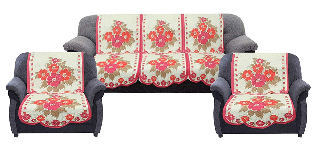 Kuber Industries Flower Cotton 6 Piece 5 Seater Sofa Cover Set (Pink and Cream) - CTKTC22271