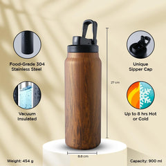 Urbane Home Water Bottle | Vacuum Insulated Travel Bottle | Gym Water Bottle | Hot & Cold Water Bottle | Wooden Print Bottle with Sipper Cap | DA230804 | 900 ML | Brown