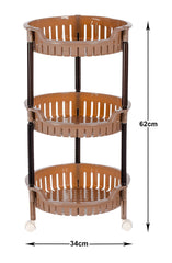 Heart Home Plastic 3-Tier Multi-Purpose Round Rolling Storage Cart Organizer Shelf Rack With Wheels (Brown) -46HH0555