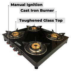Kuber Industries Gas Stove 4 Burners | Highly Quality Glass Top, Manual Ignition & Cast Iron Burner | Easy to Clean, Wobble Free Pan Support Stand | Break Resistant | Compact & User-Friendly Design
