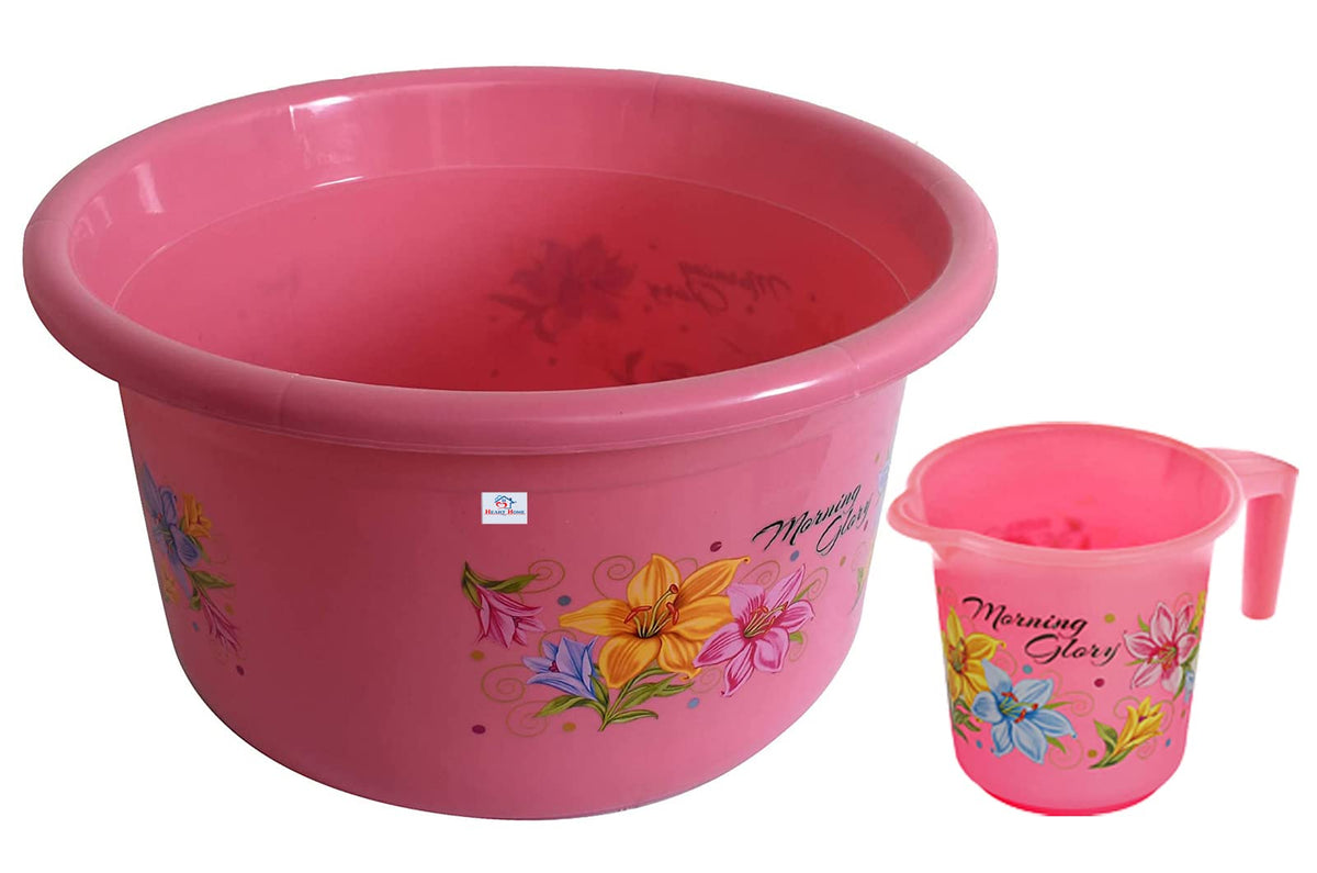 Heart Home Printed 2 Pieces Plastic Bathroom Tub & Mug Set (Pink)