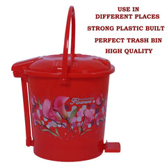 Kuber Industries Durable Flower Print Plastic Pedal Dustbin|Waste Bin|Trash Can For Kitchen & Home With Handle,10 Litre,Pack of 2 (Red)
