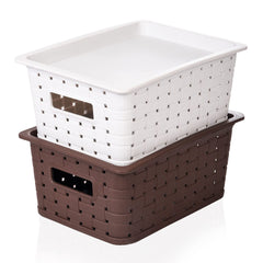 Kuber Industries BPA Free Attractive Design Multipurpose Small Trendy Storage Basket With Lid|Material-Plastic|Color-Brown,Grey|Pack of 2