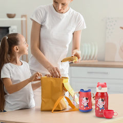 Homestic Water Bottle for Kids | Mooh Design Stainless Steel Flask with Straw, Cup & Fabric Cover | Sipper Bottle for Kids | Food Grade Plastic Lid | Broad Fabric Strap | Leak Proof, BPA Free | 500 ml
