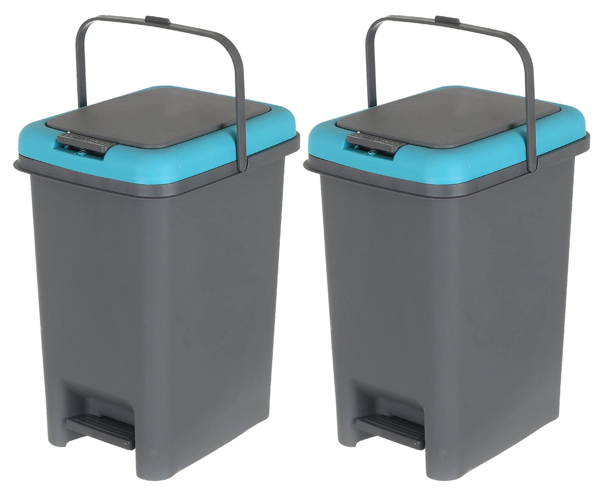 Kuber Industries 10 Ltr Plastic Push & Pedale Dustbin For Home, Kitchen, Office And Bathroom Garbage With Lid & Handle,Set of 2 (Grey & Blue)
