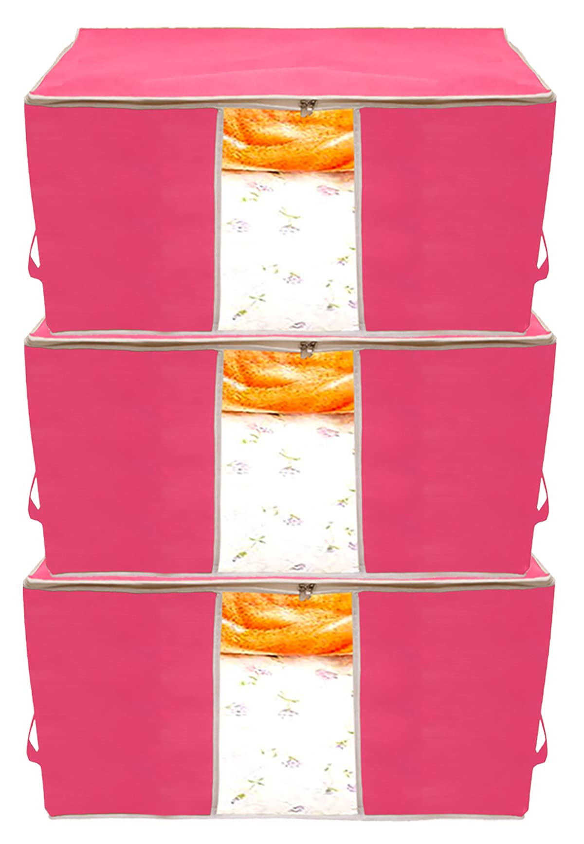 Kuber Industries Foldable Non Woven Clothes Storage Bag Wardrobe Organizer Underbed Bag With Tranasparent Window- Pack of 3 (Pink)-HS43KUBMART26731