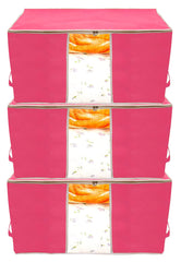 Kuber Industries Foldable Non Woven Clothes Storage Bag Wardrobe Organizer Underbed Bag With Tranasparent Window- Pack of 3 (Pink)-HS43KUBMART26731
