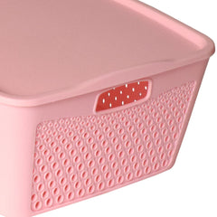Heart Home Netted Design Unbreakable Multipurpose Square Shape Plastic Storage Baskets with lid Large (Pink)