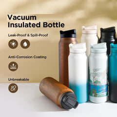 Urbane Home Water Bottle | Vacuum Insulated Travel Bottle | Gym Water Bottle | Hot & Cold Water Bottle | Wooden Print Bottle with Sipper Cap | DA230804 | 900 ML | Brown
