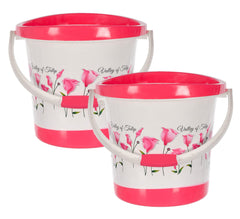 Kuber Industries Plastic Floral Print Bucket for Home/Kitchen/Office/with Handle, 18 Litre Pack of 2 (Pink & White)-46KM0374, Standard