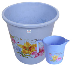 Heart Home Printed 2 Pieces Plastic Bathroom Dustbin & Mug Set (Blue)