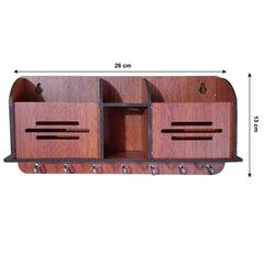 Kuber Industries Wooden Line Design 7 Hooks Key Holder | Pen & Pencil Holder | Mobile Stand With Charging Slots (Brown)