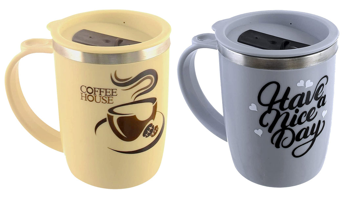 Kuber Industries Insulated BPA Free Plastic Coffee Mug with Lid, Pack of 2 (Grey & Coffee)
