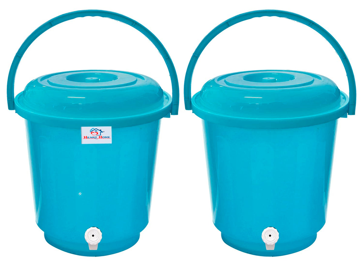 Heart Home Multipurposes Plastic Bucket with Lid & Tap System for Home Cleaning & Save Water, 18Ltr. Pack of 2 (Blue) 52HH3900