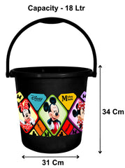 Heart Home Disney Minnie Mickey Print Unbreakable Virgin Plastic Strong Bathroom Bucket,18 LTR-Pack of 2 (Black)