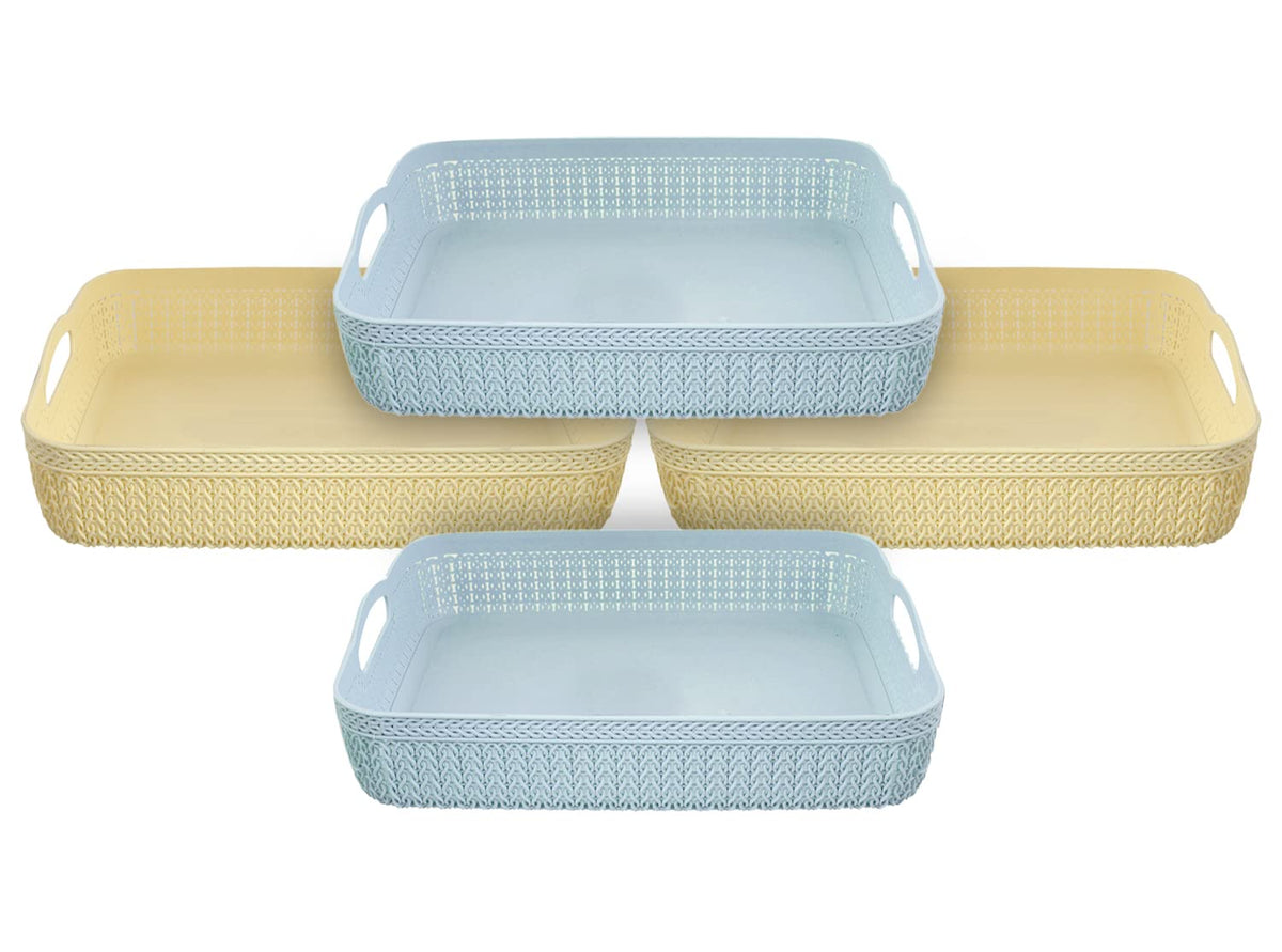 Heart Home Q-4 Multiuses Designer Unbreakable Plastic Storage Basket/Organizer/Bin For Home, Kitchen, Bathroom, Office Use Pack of 4 (Blue & White)-50HH01611