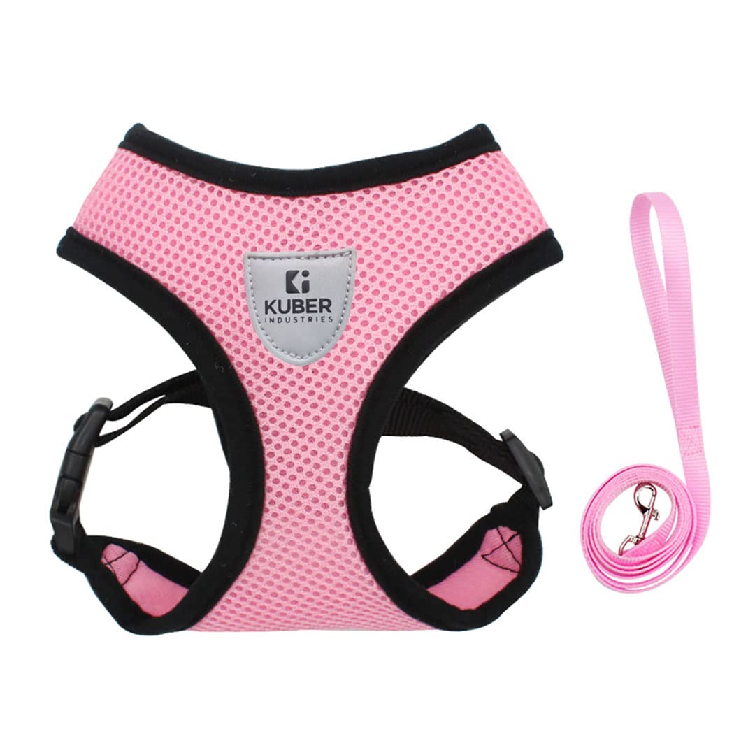 Kuber Industries Dog Harness with Adjustable Leash|Breathable Polyester Mesh|Small Size|Comfortable No-Pull Grip | Quick Release Buckles | Pink Pet Walking Set | Secure and Stylish Dog Harness