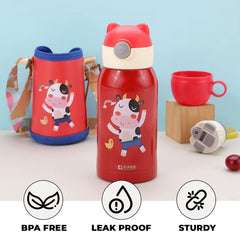 Homestic Water Bottle for Kids | Mooh Design Stainless Steel Flask with Straw, Cup & Fabric Cover | Sipper Bottle for Kids | Food Grade Plastic Lid | Broad Fabric Strap | Leak Proof, BPA Free | 500 ml