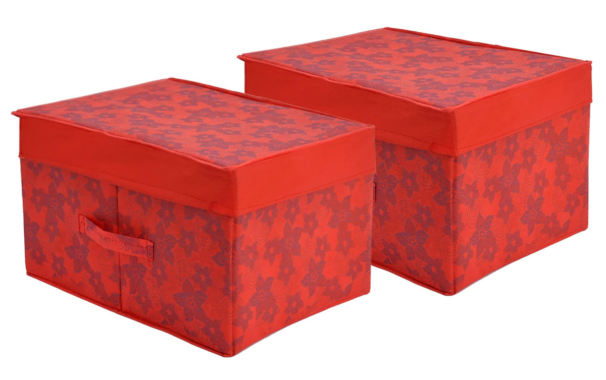 Heart Home Metallic Flower Printed Flodable Storage Box/Organizer For Toys, Cloths And Books With Lid & Handle- Pack of 2 (Red)-HS43HEARTH26589