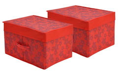 Heart Home Metallic Flower Printed Flodable Storage Box/Organizer For Toys, Cloths And Books With Lid & Handle- Pack of 2 (Red)-HS43HEARTH26589