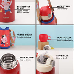 Homestic Water Bottle for Kids | Mooh Design Stainless Steel Flask with Straw, Cup & Fabric Cover | Sipper Bottle for Kids | Food Grade Plastic Lid | Broad Fabric Strap | Leak Proof, BPA Free | 500 ml