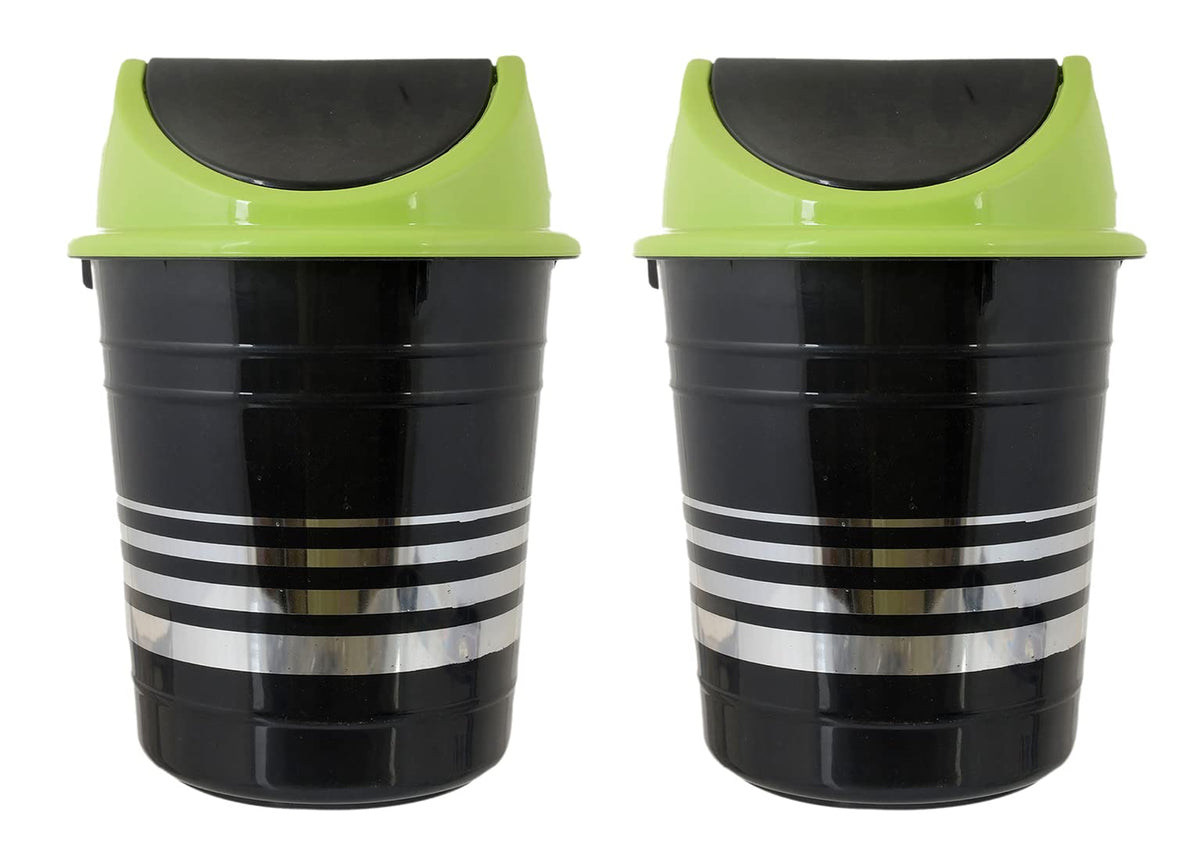 Heart Home Plastic Dustbin, Trashbin, Wastebin For Kitchen, Bathroom, Office Use With Swing Lid, 10 Liter- Pack of 2 (Black & Green)-47HH0882