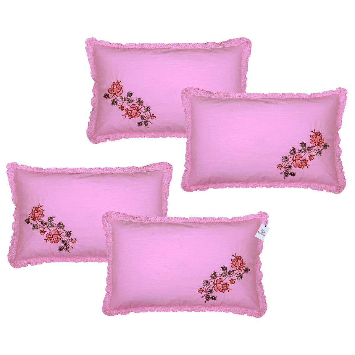 Heart Home Pillow Cover | Cotton Pillow Cover | Pillow Cover for Bedroom | Cushion Cover for Living Room | Embroidery Frill with Zip Pillow Cover | 20x30 Inch | Set of 4 | Pink