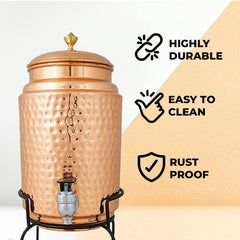 Kuber Industries 5 Litre Copper Water Dispenser with Stand and Glass | BPA Free, Non-Toxic | Hammered Texture, Rustproof & Durable | With Added Health Benefits of Copper | 5L