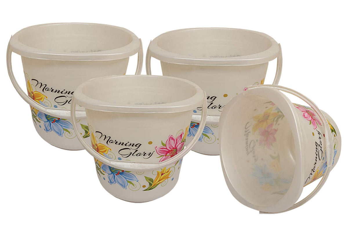 Kuber Industries Floral 4 Piece Plastic Bucket Set, 16 litres, Off White (CTKTC1840)