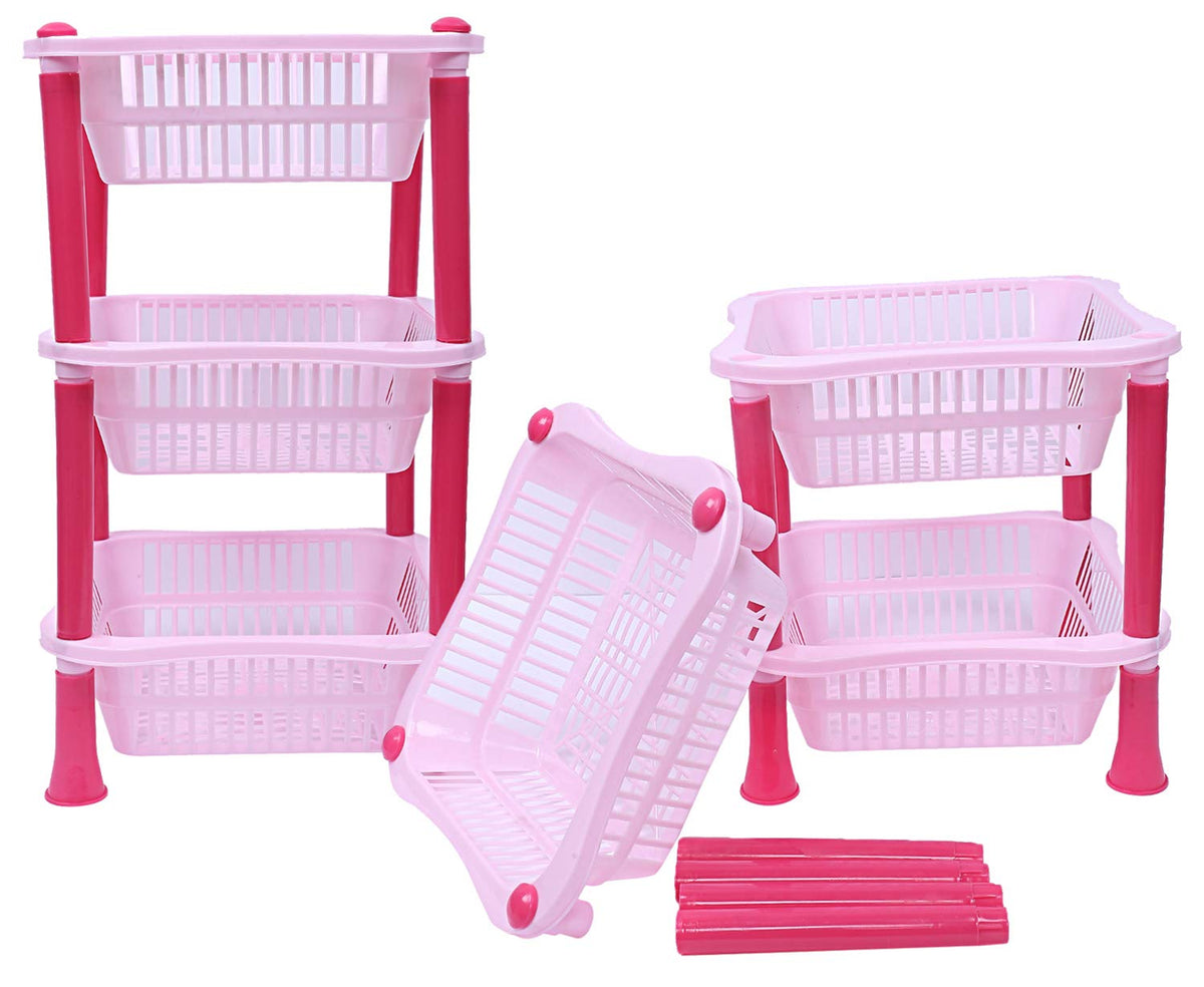 Kuber industries Plastic 2 Pieces 3 Layer Multi-Purpose Kitchen Storage Basket Rack (Pink)-CTKTC25241