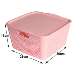 Heart Home Netted Design Unbreakable Multipurpose Square Shape Plastic Storage Baskets with lid Large (Pink)