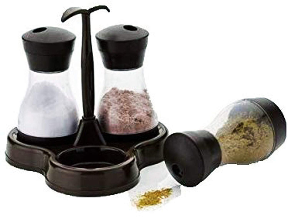 Heart Home Multipurpose Revolving Plastic Spice Container Salt & Pepper Shaker 3 Pieces Condiment Set (Black) - CTHH014606