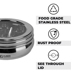 Kuber Industries 7 in 1 Stainless Steel Belly Shape Masala (Spice) Box I 7 Containers and Spoon I See Through Lid I Masala Daani/Dabba for Kitchen I Silver, Large (1250 ml)