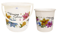 Heart Home Printed 2 Pieces Unbreakable Virgin Plastic Multipurpose Bucket & Dustbin Set (White)