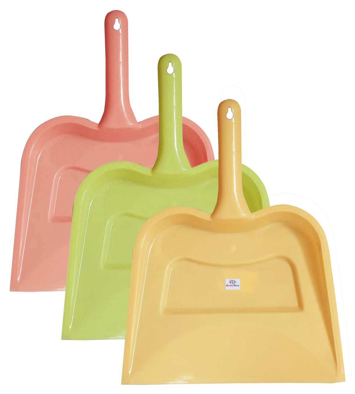 Heart Home Plastic Lightweight 12" Dustpan With Comfort Grip Handle for Easy Sweep Broom, Pack of 3 (Cream & Green & Pink)