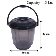 Kuber Industries Colorful Homeware Bucket| Plastic Bucket|Transparent Bucket with Lid & Handle for Bathroom,Home Use,13 Litre (Black)