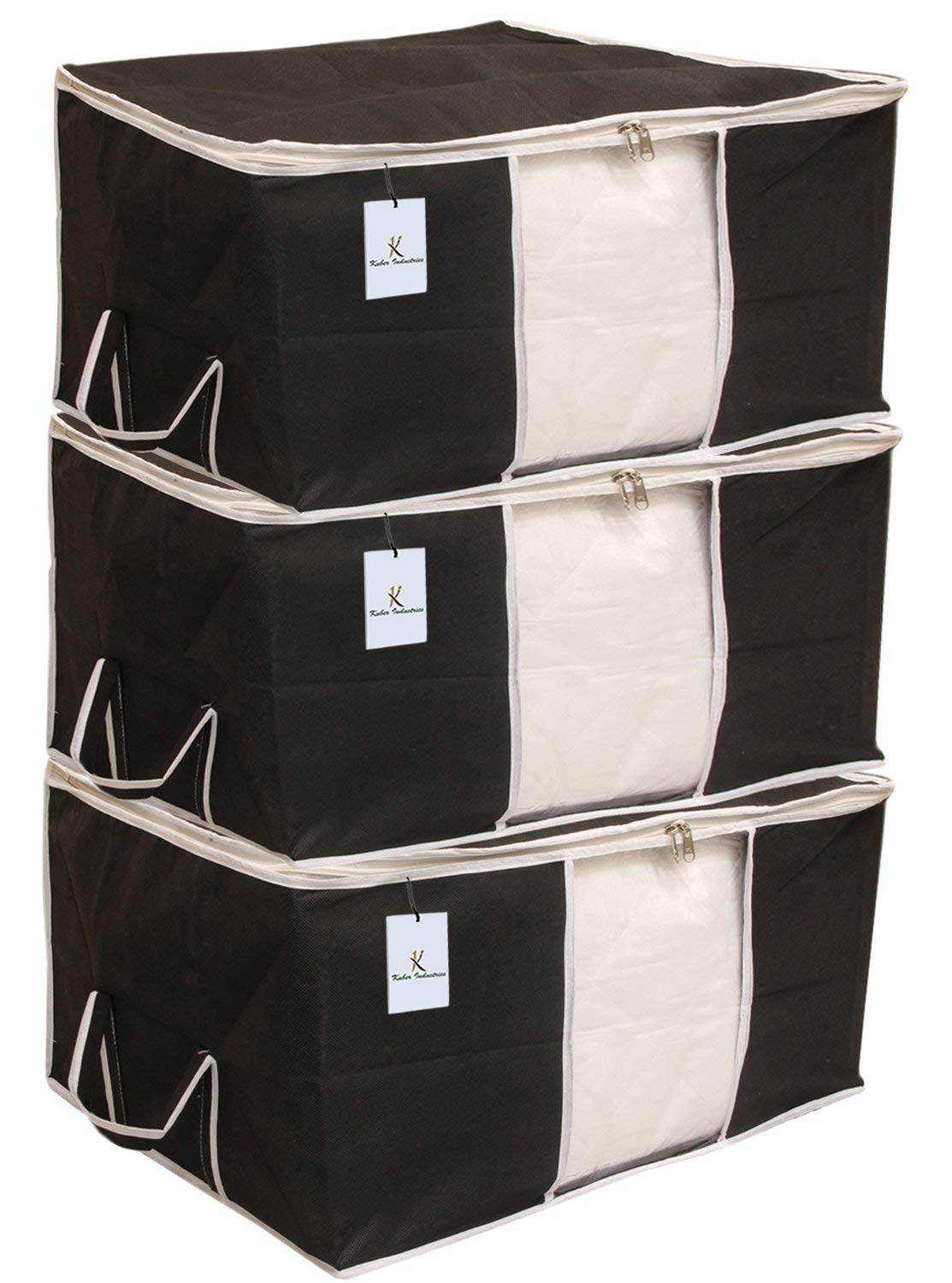 Kuber Industries Rectangular Plain Non-Woven Underbed Storage Bag/Organiser|Storage Bag for Clothes Large|Pack of 3 (Black)