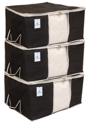 Kuber Industries Rectangular Plain Non-Woven Underbed Storage Bag/Organiser|Storage Bag for Clothes Large|Pack of 3 (Black)