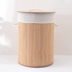 Kuber Industries Bamboo Basket With Lid|Foldable Laundry Basket For Clothes|Durable Rope Handles & Removable Bag (Natural)