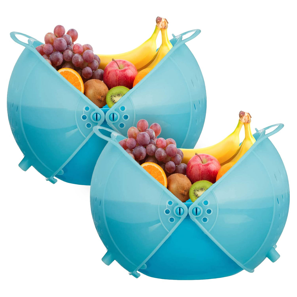 Heart Home Plastic Drain Basket/Washing Bowl For Fruits, Vegetables, Pasta, Poha With Swinging Lid- Pack of 2 (Blue)-50HH01832