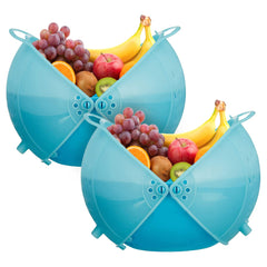 Heart Home Plastic Drain Basket/Washing Bowl For Fruits, Vegetables, Pasta, Poha With Swinging Lid- Pack of 2 (Blue)-50HH01832