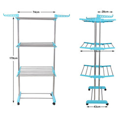 Heart Home 3-Tier Stainless Steel Modular Foldable Laundry Drying Stand, Clothes Drying Rack/Stand With Wheel (Blue)