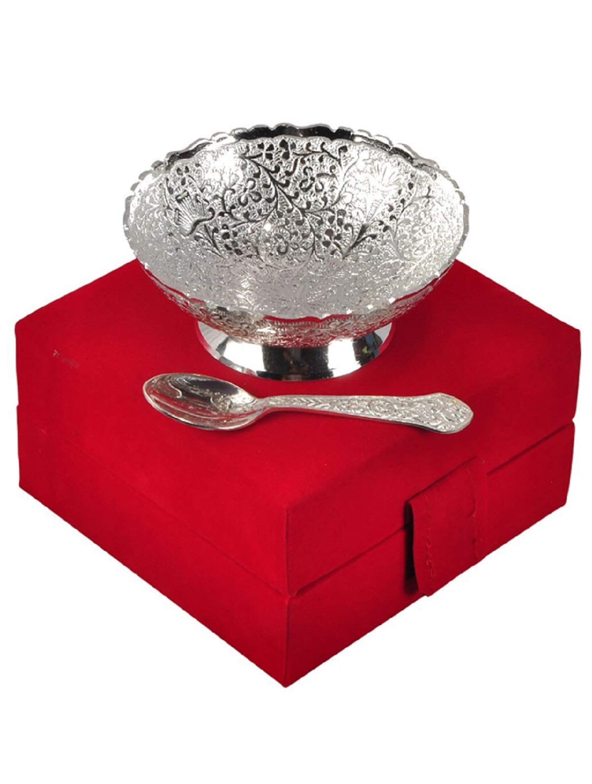 Kuber Industries Brass Bowl and Spoon with a Wooden Box (Silver, Peacock Design, CTKTC4422)