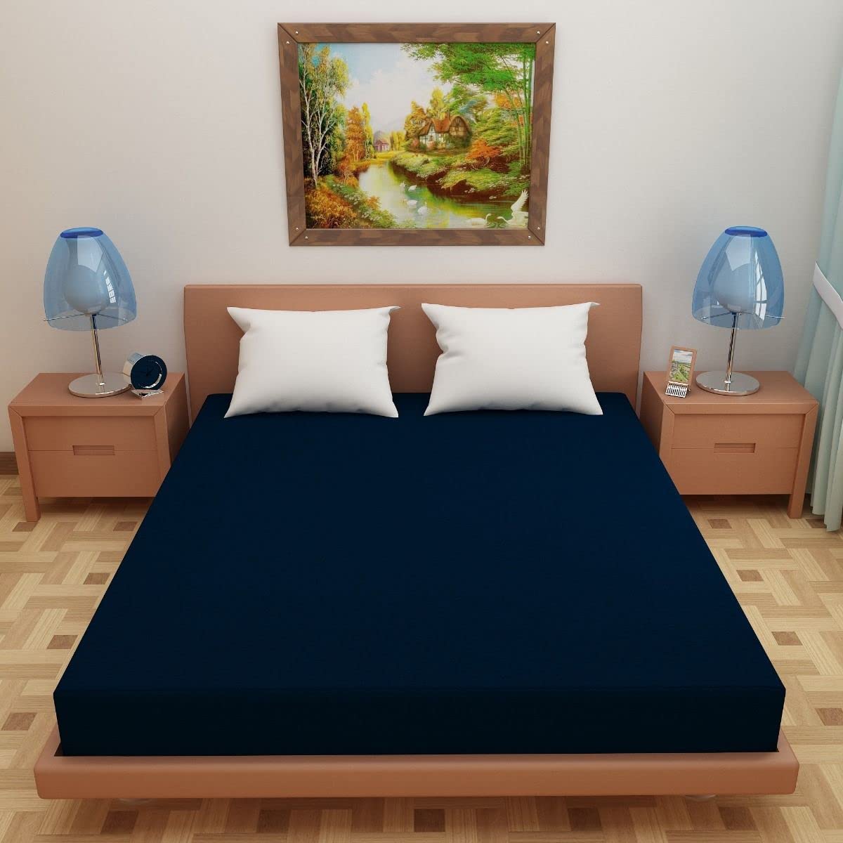 Kuber Industries 6.5 X 6 FT. Double Bed Mattress Cover/Protector I 100% Terry Cotton I Waterproof, Breathable I Hypoallergenic King Size Bed Cover I Ultra Soft, Elastic Strap,  Anti-Slip Fitted Design I 78" X 72" (Dark Blue)
