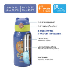 Kuber Industries Water Bottle for Kids, Shera Design Stainless Steel Flask with Straw, Cup & Fabric Cover, Sipper, Food Grade Plastic Lid, Broad Fabric Strap, Leak Proof, BPA Free, 500 ml (Pack of 1)