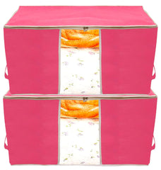Heart Home Foldable Non Woven Clothes Storage Bag Wardrobe Organizer Underbed Bag With Tranasparent Window- Pack of 2 (Pink)-HS43HEARTH26729
